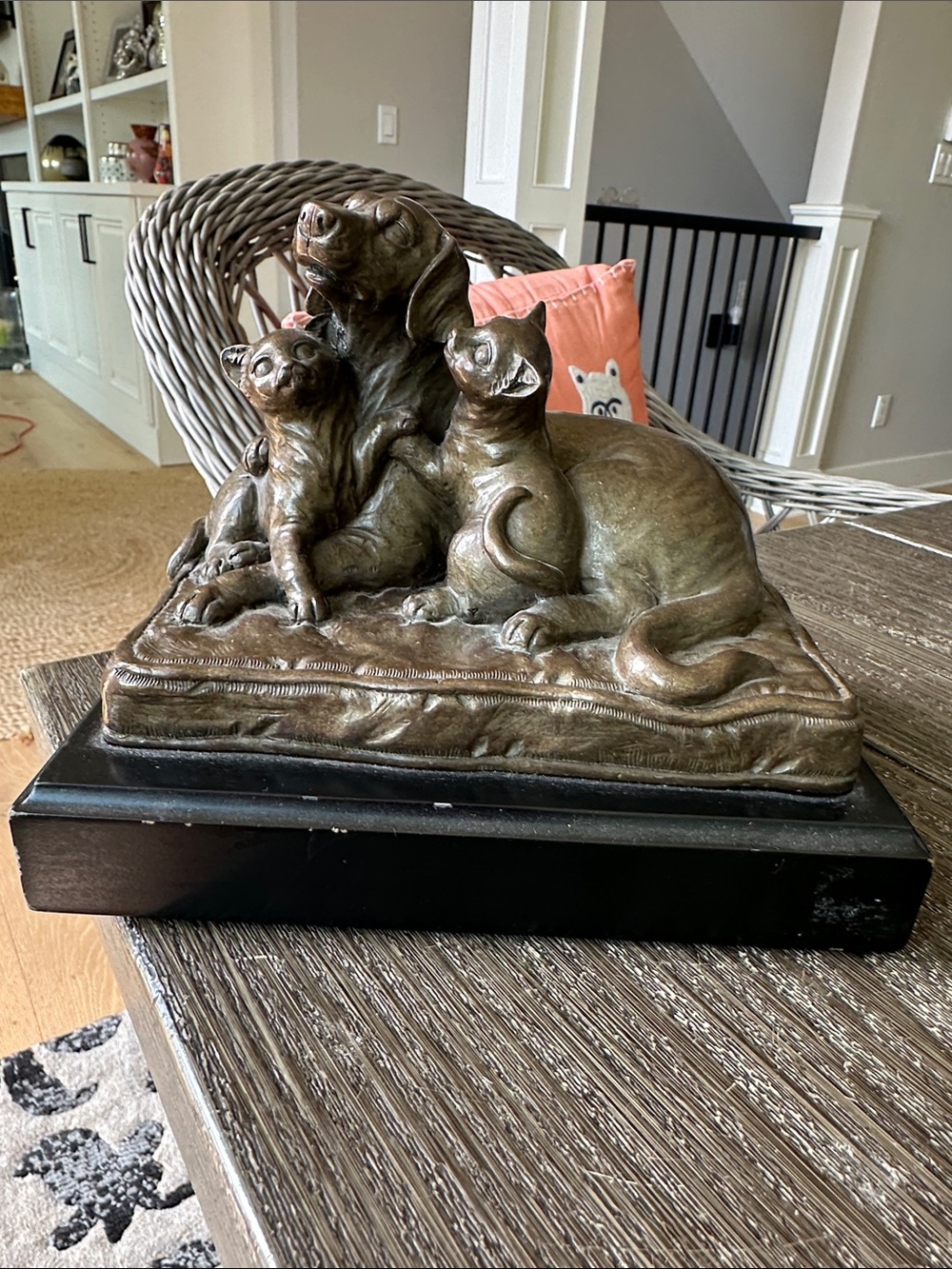 SPI Vintage bronze-Colored Dog and Cats Sculpture on Black wood Base collectible